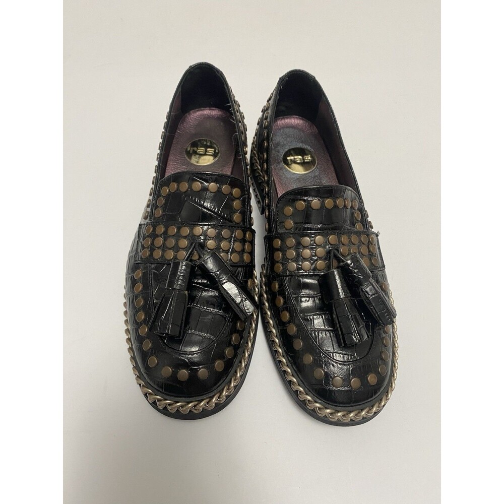 ras  Studded Tassel Leather CrocBlack Loafers With Chain Link Detail Size 37-6.5